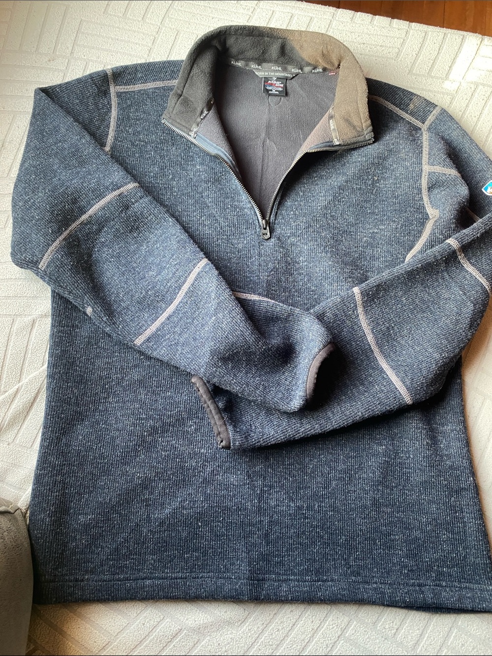 Kuhl Men's Zip Pullover Sweater in Navy with Tan Trim